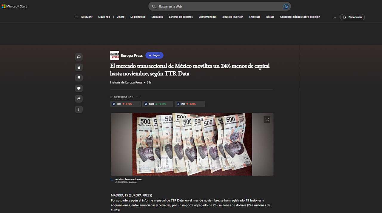 El mercado transaccional de Mxico moviliza un 24% menos de capital hasta noviembre, segn TTR Data